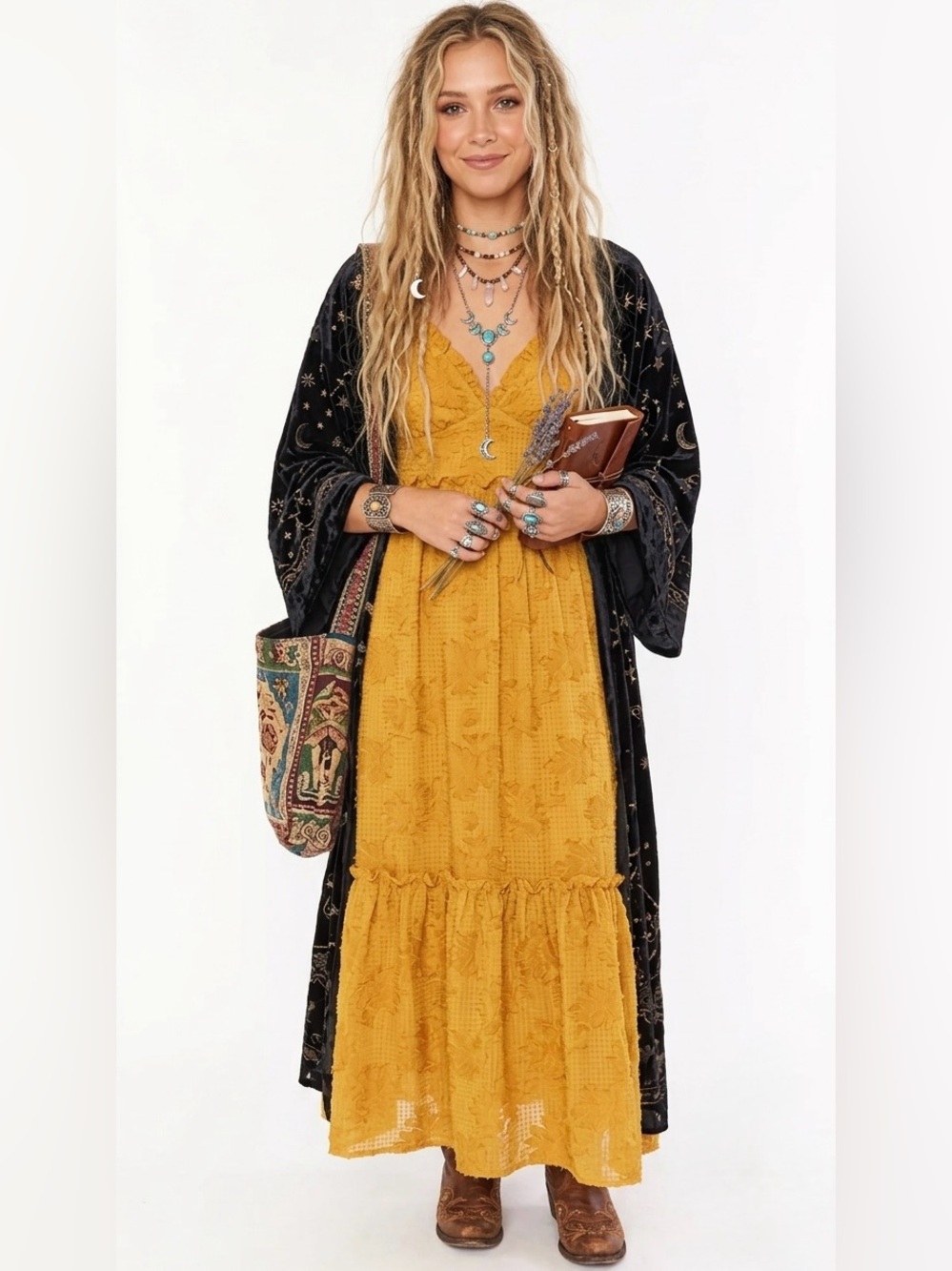 Lulu's Yellow  Floral Textured  Tiered Maxi Dress - Large